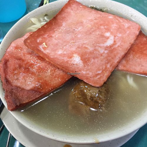Breakfast Set: Ramen noodles with veg beef in satay sauce, pan-fried veg ham and veg pork chop at Miu Fat Chai - Tsuen Wan in New Territories