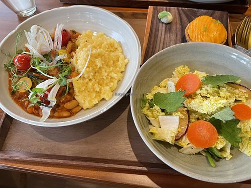 Farmer’s set - market salad; stew with polenta; fruit tart; mint iced tea at Sakti Elixir at Fivelements Habitat in Hong Kong Island