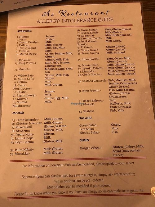 allergens menu at Az Restaurant in Scarborough