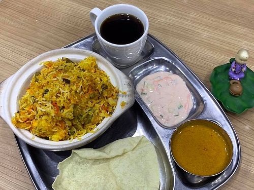 Briyani rice with papadum. Photo credit: Mr Henry Lau at Govegpals in Central Singapore