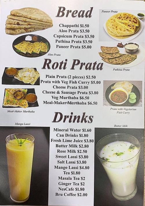 Menu for bread, prata and drinks
Photo credit: Mr Henry Lau at Govegpals in Central Singapore