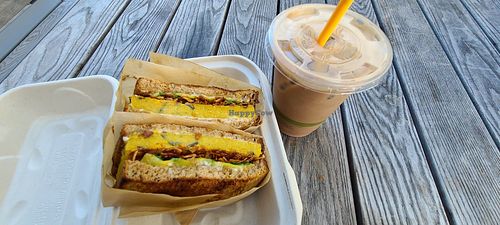 Mocha and breakfast sandwich at Olena Cafe in Honolulu
