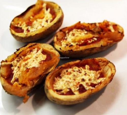 Marinara and daiya inside potato skins at Cruzer Pizza in Los Angeles