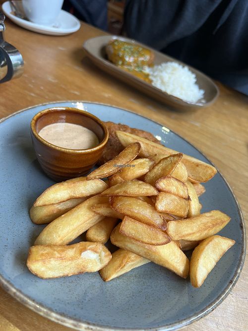 “Fish” fillet and chips with “chicken” katsu curry and rice  at Cafe Bar 26 in Keswick