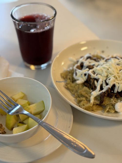 Chilaquiles, apples, agua de jamaica   at Veganion Express in Mexico City