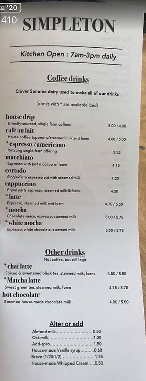Drink menu  at Simpleton Cafe in Sacramento
