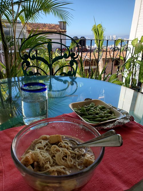 Ramen, tofu and edamame back at my place at Vegan Ramen Mei in Puerto Vallarta
