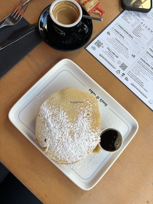 Vegan pancakes and coffee with almond milk   at Mugs & Co in Milan