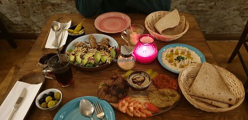 Cig Köfte and Salad, vegan Steak, Tahini, Eggplant creme at Vegano Flavors in Berlin
