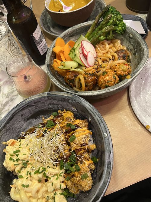 Soup of the day, spicy meatballs, dynamite chicken   at Winners Vegan Restaurant in Athens