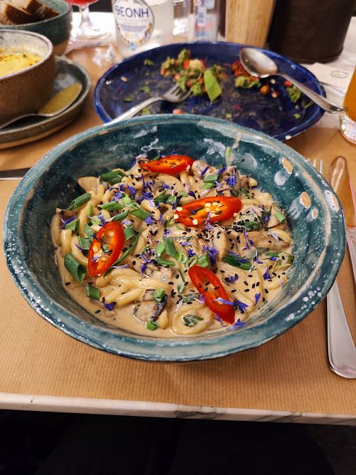 Miso mushroom noodles 🍜 at Winners Vegan Restaurant in Athens