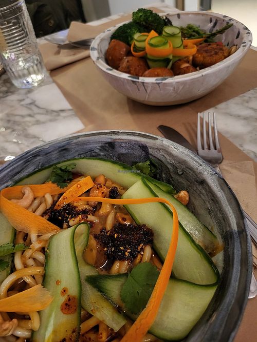 Curry noodles and spicy "meat"balls with noodles at Winners Vegan Restaurant in Athens