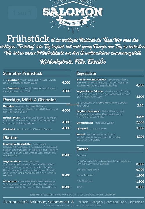 Breakfast menu at Campus Café in Leipzig