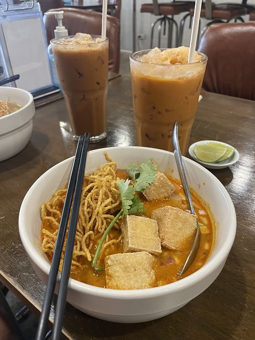 Khao soi with tofu noodles and thai milk tea (one with extra espresso)  at Veganerie - Nana in Bangkok