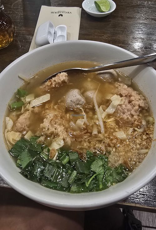 Tom Yam Noodle - lots of fake meat, I liked it at Veganerie - Nana in Bangkok