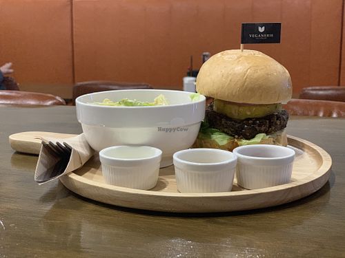Teriyaki burger with salad at Veganerie - Nana in Bangkok