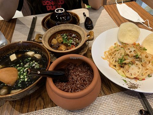 Seaweed soup, stewed mushrooms, papaya salad and rice  at Be An Bistro in Ho Chi Minh City