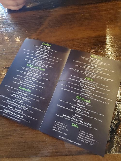 Menu at Tarantino's Vegan in Las Vegas