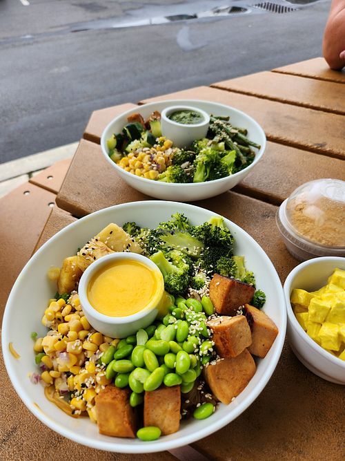 Summer Vegan Bowl (front), custom bowl, peanut butter cheesecake, side of vegan egg salad at Seedbol Kitchen in Rehoboth Beach