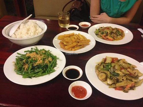 mixed veg with tofu, spinach with garlic and sweet potato fries at Viet Chay in Ho Chi Minh City