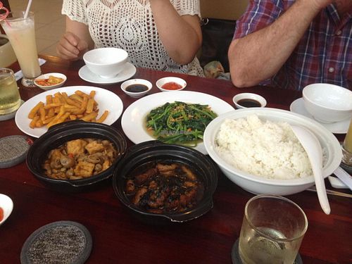 Tofu & mushroom, spinach with garlic, 'fish' fingers, sweet potato & rice at Viet Chay in Ho Chi Minh City