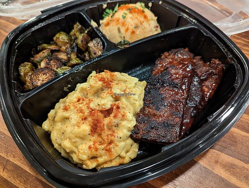 BBQ jackfruit ribs, Mac n cheese, Brussels sprouts and potato salad at I-tal Garden in New Orleans