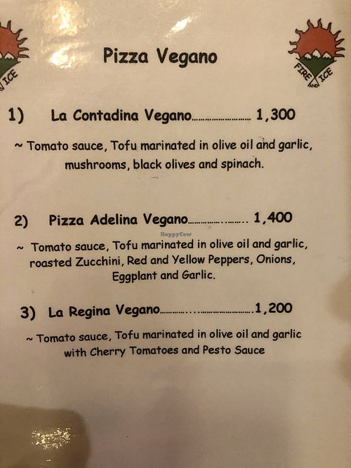 Vegan Pizza Menu at Fire and Ice Pizzeria in Colombo