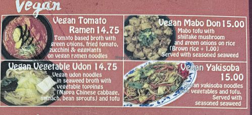 Vegan menu  at Suehiro Mini in Los Angeles