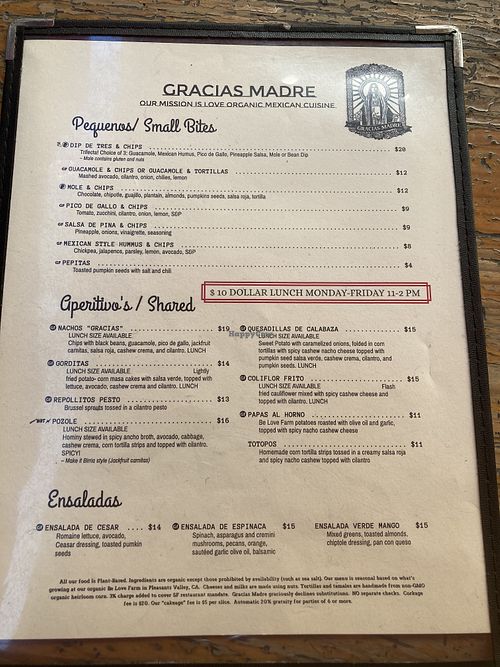 Menu  at Gracias Madre in San Francisco