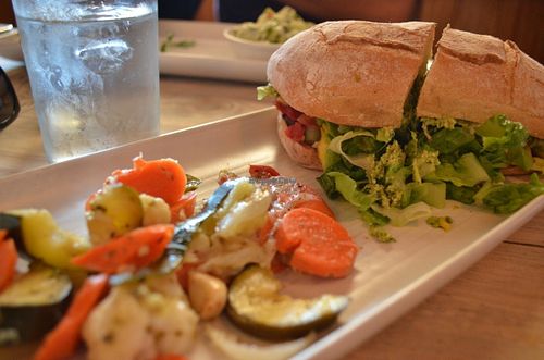 Pesto burger with pickles (lunch menu) - very spicy ! at Gracias Madre in San Francisco