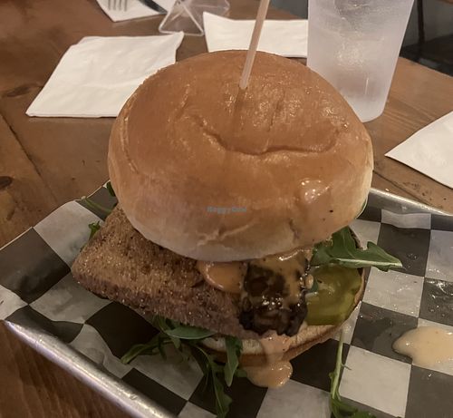 Sandwich special: crispy tofu, tempeh bacon, arugula, tomato, pickles, pub sauce  at Nepenthe Brewing Co in Baltimore