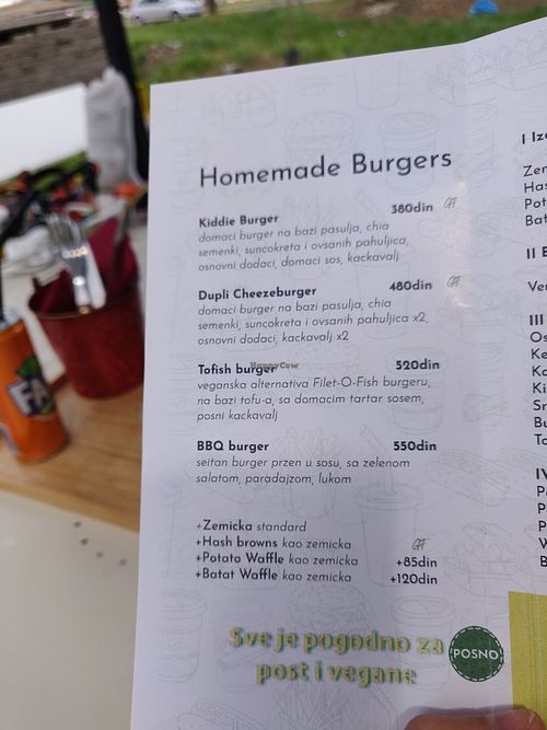 Burger menu at Savannah Snack Bar in Belgrade