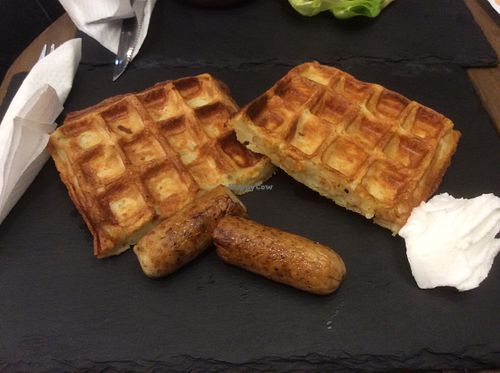 Sausage waffle with cream cheese  at Savannah Snack Bar in Belgrade