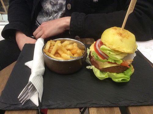 A beyond Beyond Burger with fries. at Savannah Snack Bar in Belgrade
