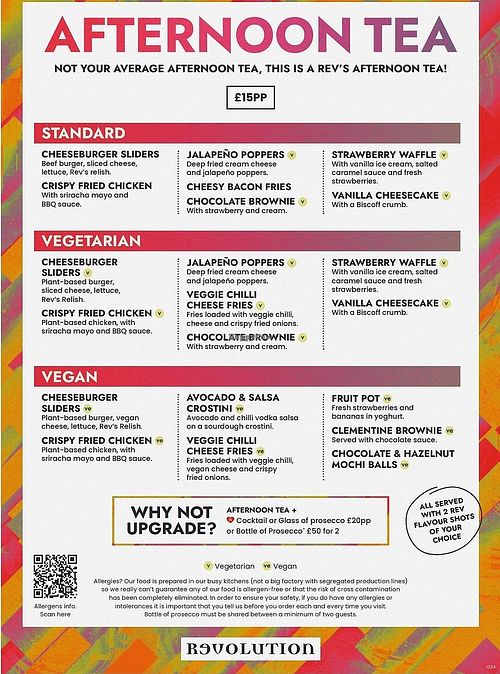 Afternoon tea menu at Revolution in Wilmslow