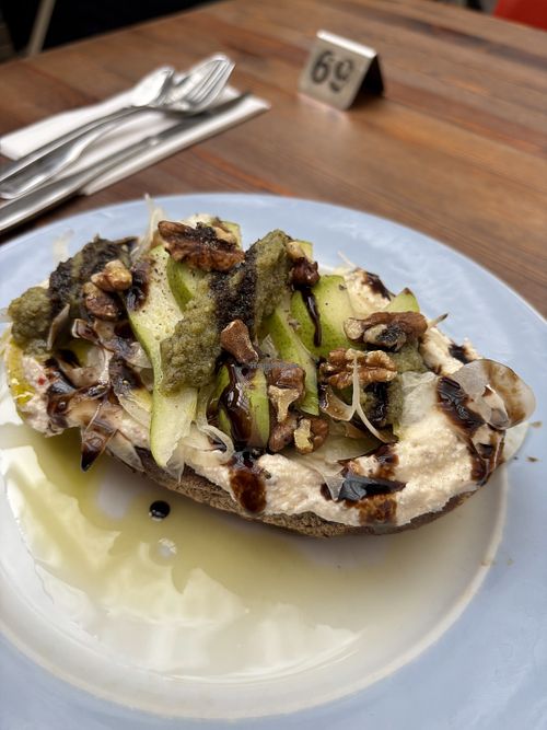 Vegan ricotta and pear toast  at Farm2Table - Davidshall in Malmo