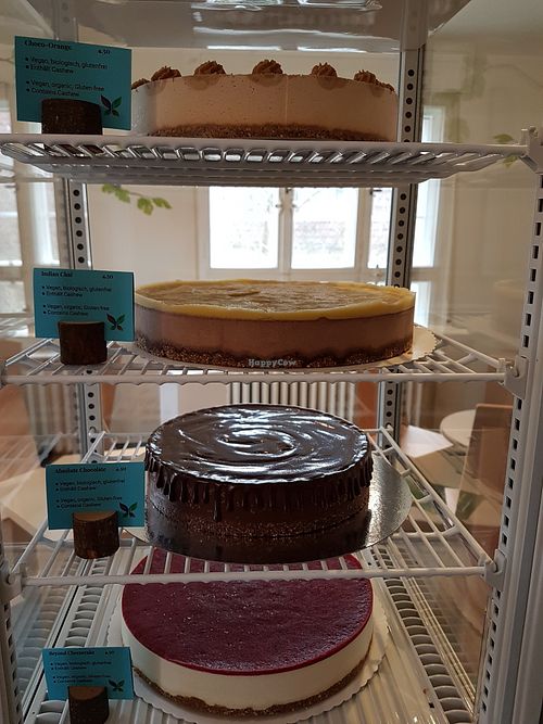 Our offering of cakes, all vegan, fully organic, with no refined sugar, and gluten-free. at Human Greatness Cafe in Berlin