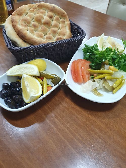 vegan bread and salads that come free with soup order  at Heybe Çorba in Kyrenia