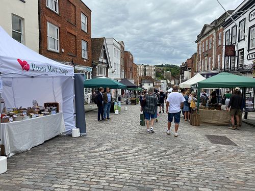 Guildford vegan market is held along the whole length of the high street.  at Guildford Vegan Market in Guildford