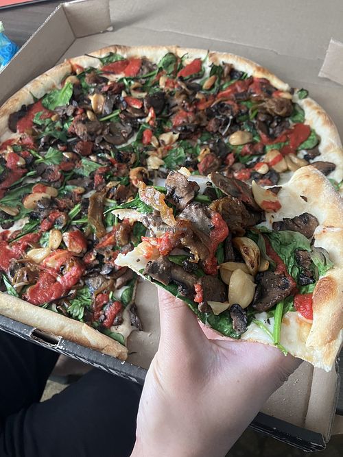Mushroom garlic pizza with added spinach and red sauce, and substituted daiya cheesee  at Pies & Pints in Fayetteville
