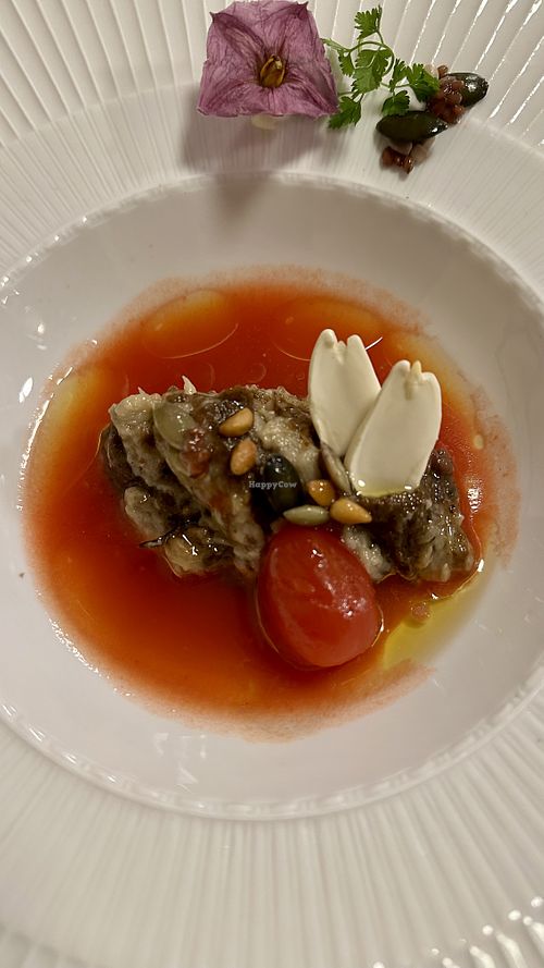 Eggplant compote in tomato vegetable water  at Racines Bruno Cirino in Nice