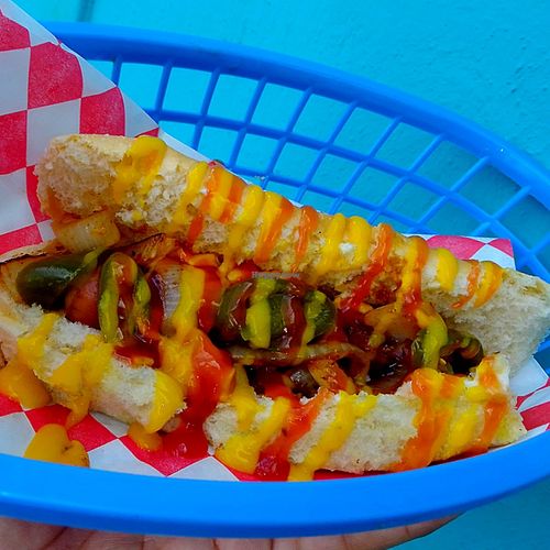 Vegan hot dog. Sausage is made with soy protein and vital wheat gluten. at Panza Vegana in Merida