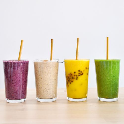 Fresh smoothies with vegan protein powder available at bliss bowls in Dee Why