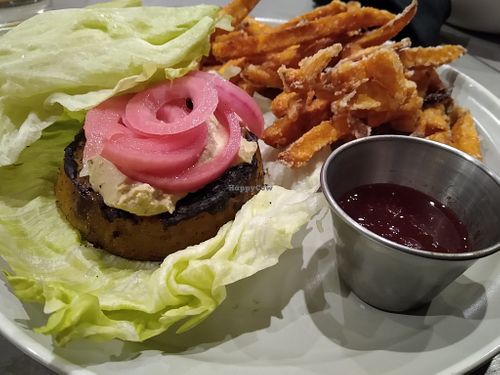 Lettuce wrap burger (vegan option- burger is a potato) at Anything But Beer in Syracuse