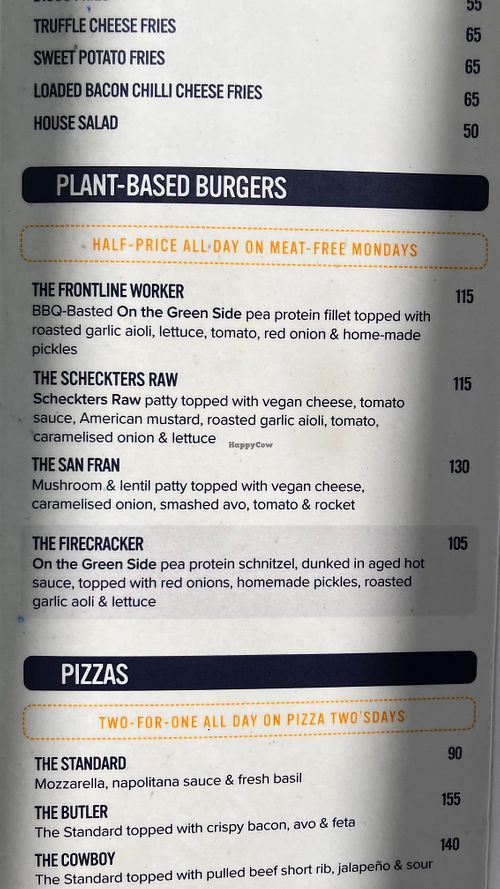 Menu (Oct 2025) at Hudsons in Johannesburg