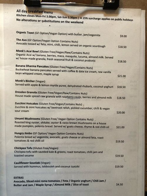 Menu at Monk Bodhi Dharma in Balaclava