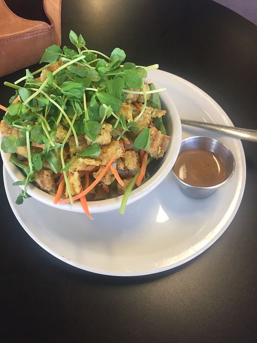 Salad with veggie burger at People's Grocery and Deli in Manhattan