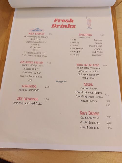 Cold drinks menu at Zen Wonderland in Sintra