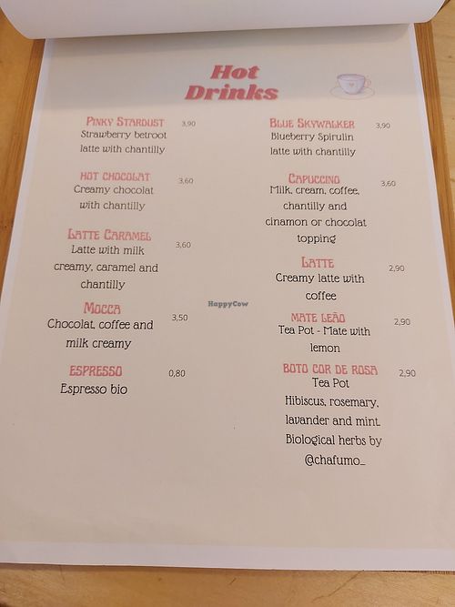 Hot drinks menu at Zen Wonderland in Sintra