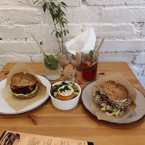 Lentil and tempeh burgers, potatoes with garlic veganaise, elderflower and forest fruit lemonade at Brunette Burger in Plzen
